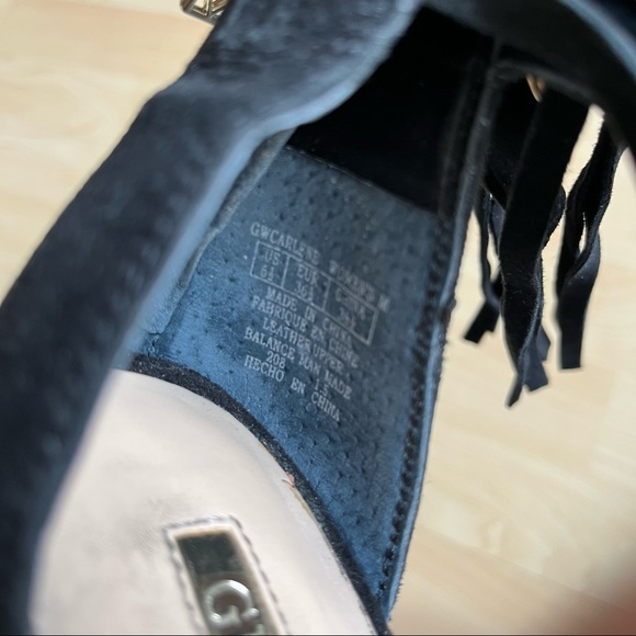 Guess Balck Fringe Leather Suede This Heels Straps Size 6.5 A - Picture 7 of 12